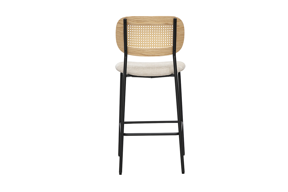 Tabourets design en tissu effet velours textur� beige, m�tal noir et cannage rotin (lot de 2) MIRANDA