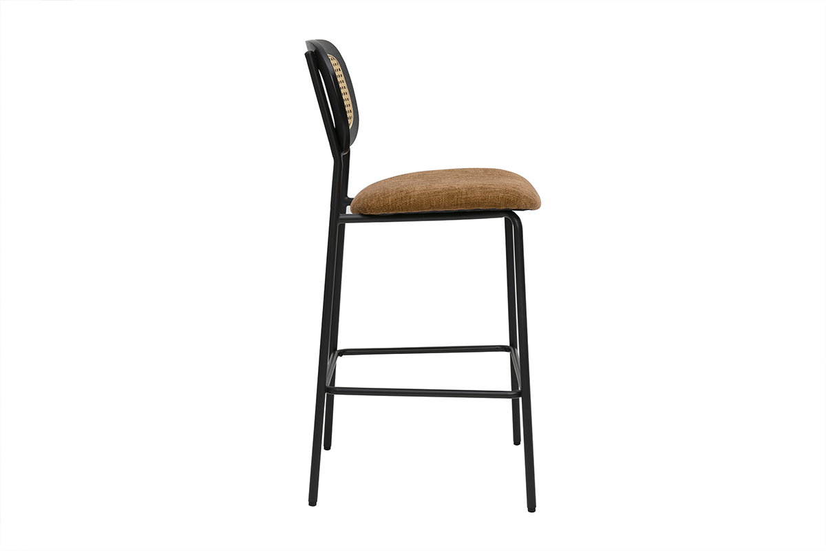 Tabourets design en tissu effet velours textur terre brule, mtal noir et cannage rotin (lot de 2) MIRANDA