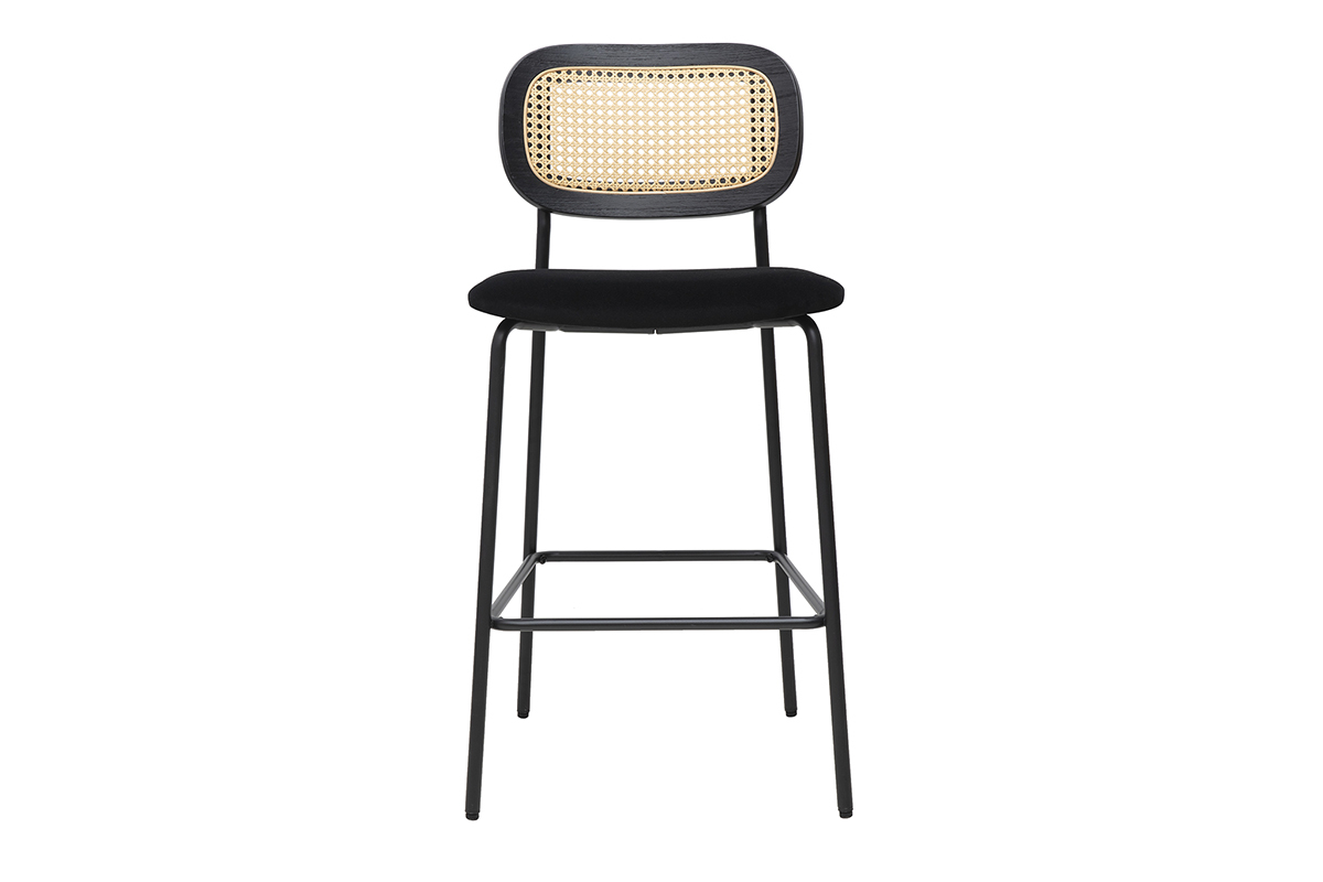 Tabourets design en velours noir, mtal noir et cannage rotin (lot de 2) MIRANDA