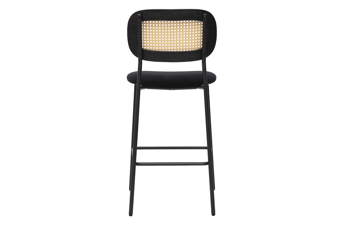 Tabourets design en velours noir, mtal noir et cannage rotin (lot de 2) MIRANDA