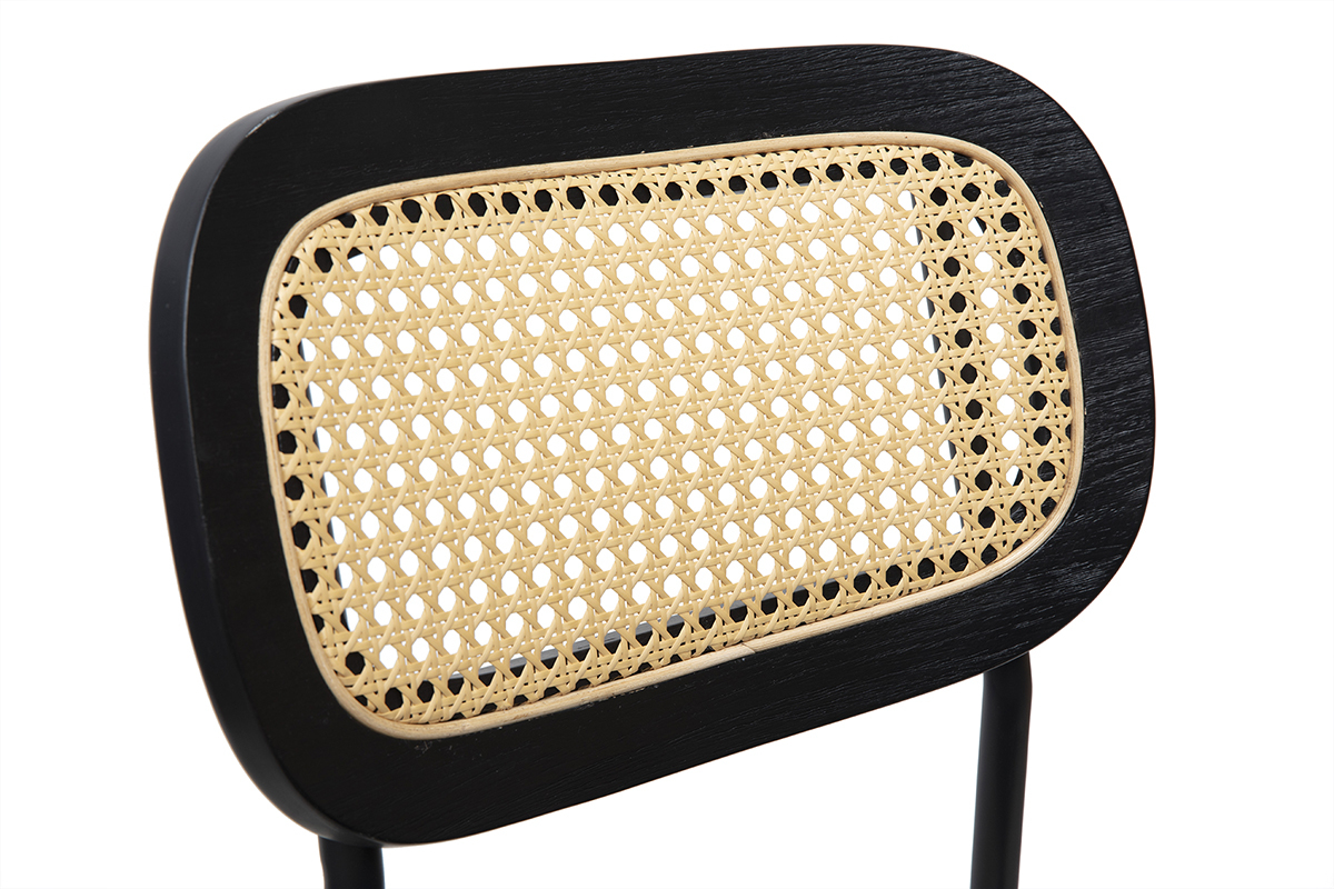 Tabourets design en velours noir, mtal noir et cannage rotin (lot de 2) MIRANDA