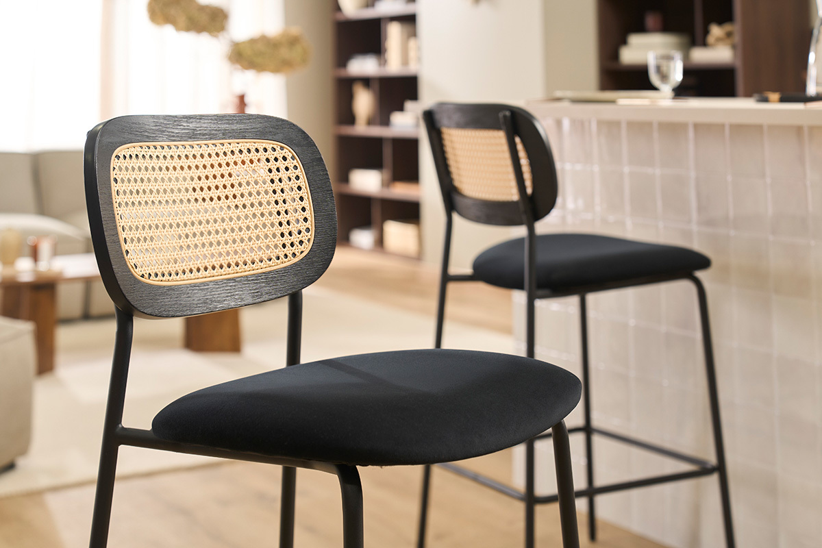 Tabourets design en velours noir, m�tal noir et cannage rotin (lot de 2) MIRANDA