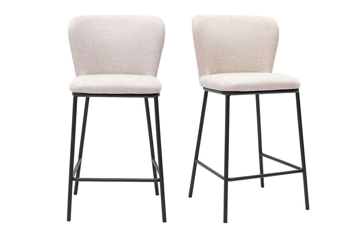 Tabourets en tissu effet velours textur� beige et m�tal noir (lot de 2) LISOR