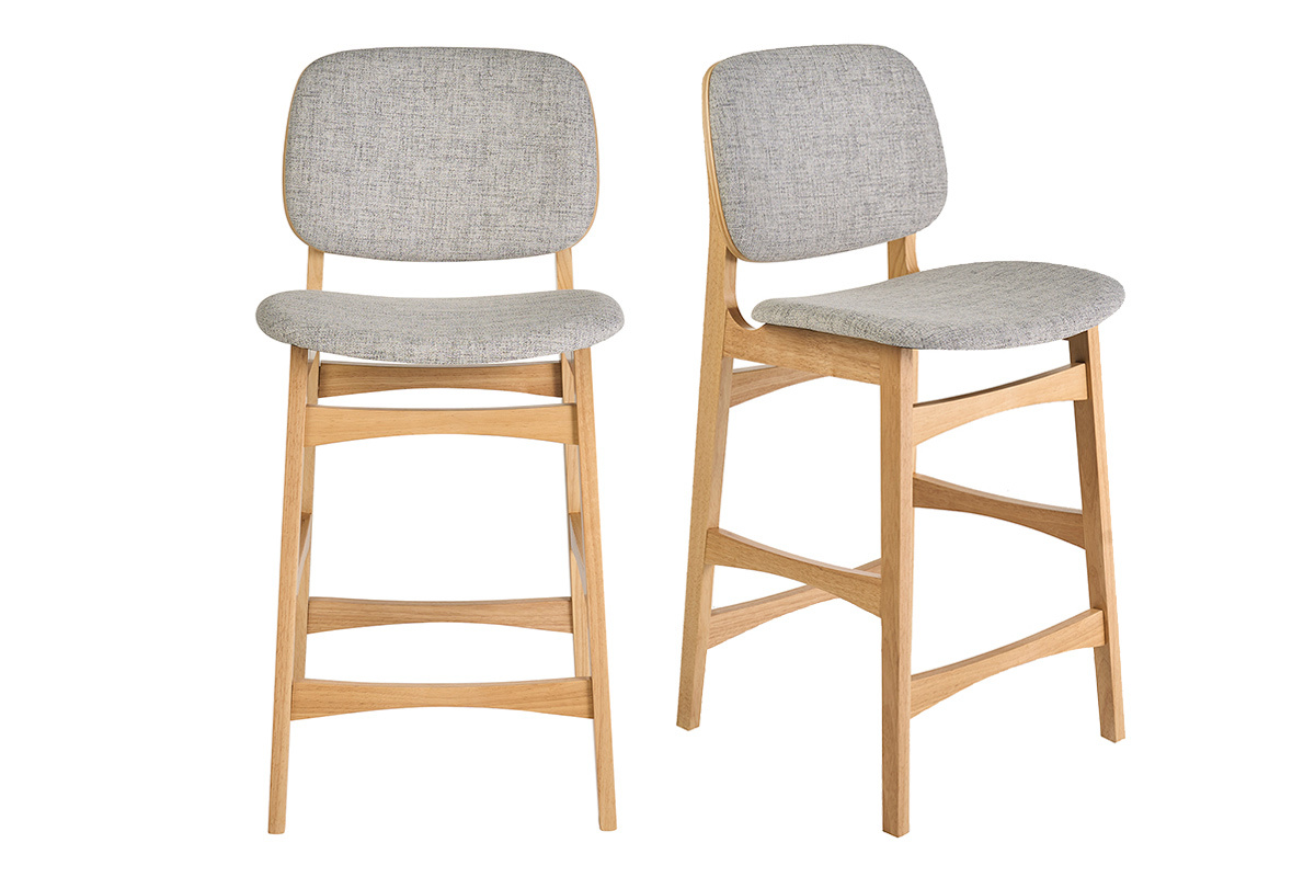 Tabourets scandinaves en bois clair fr�ne et tissu gris clair H66 cm (lot de 2) SOQUETTE