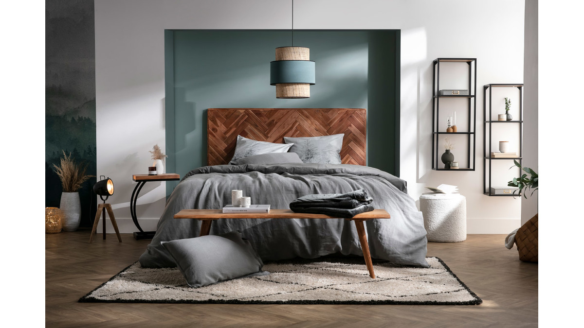 Tête de lit à motifs chevrons en bois massif et métal noir L165 cm STICK
