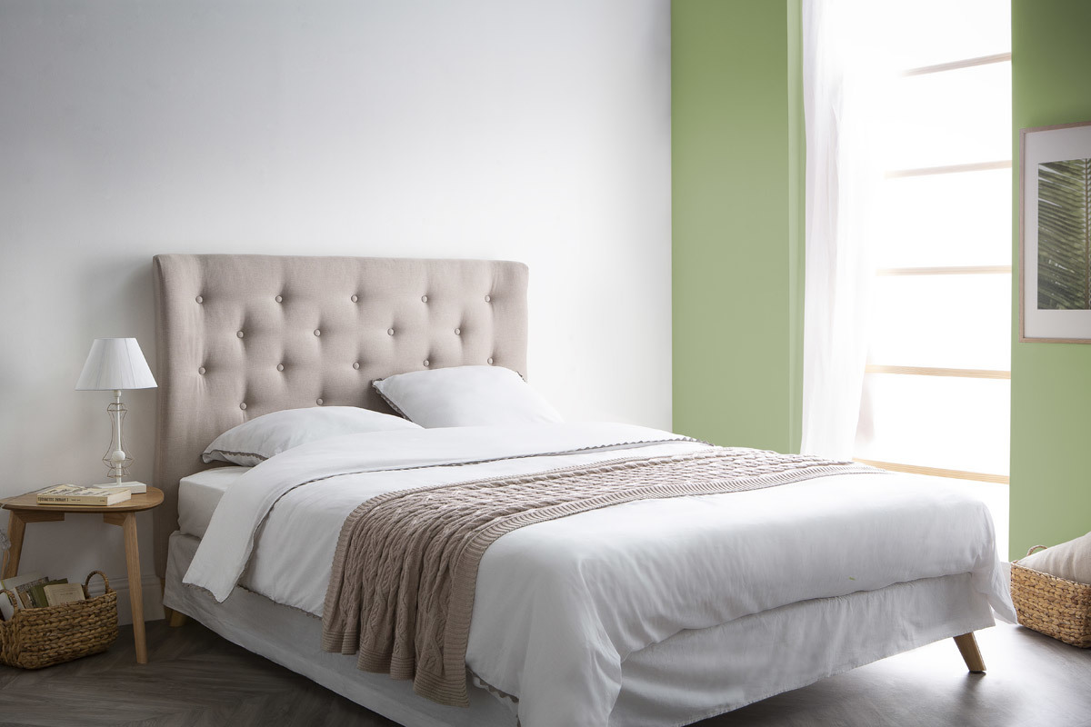 T�te de lit capitonn�e en tissu beige 150 cm EROS