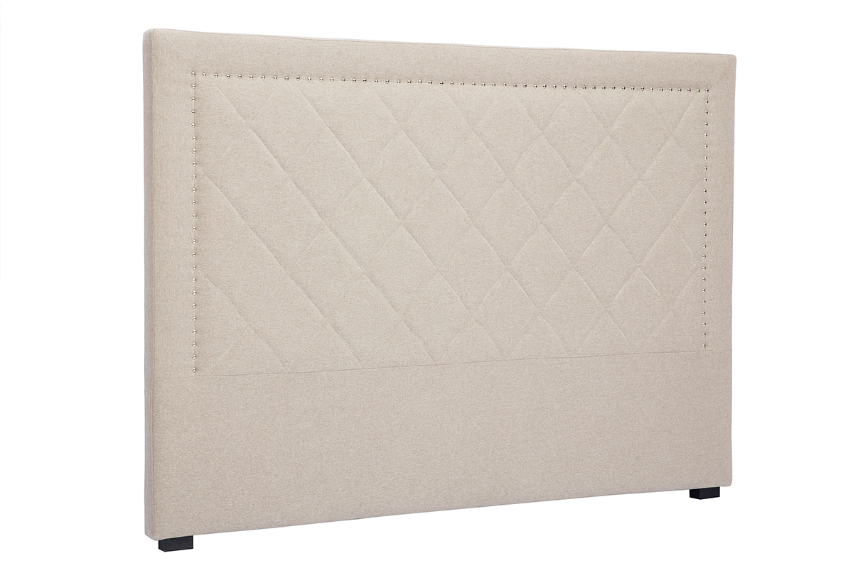 T�te de lit capitonn�e et clout�e en tissu beige 160cm ESMEE