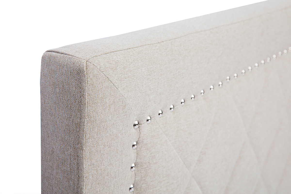 T�te de lit capitonn�e et clout�e en tissu beige 160cm ESMEE