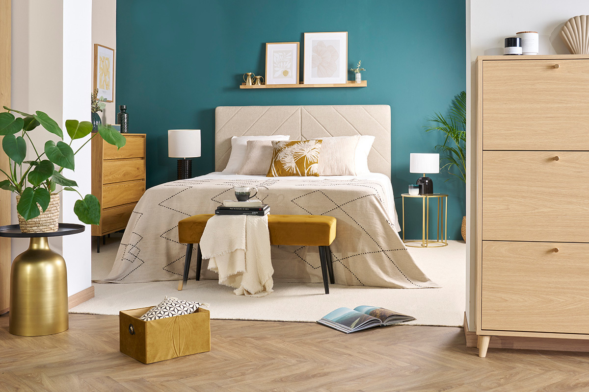 Tte de lit en tissu beige L160 cm AVAH