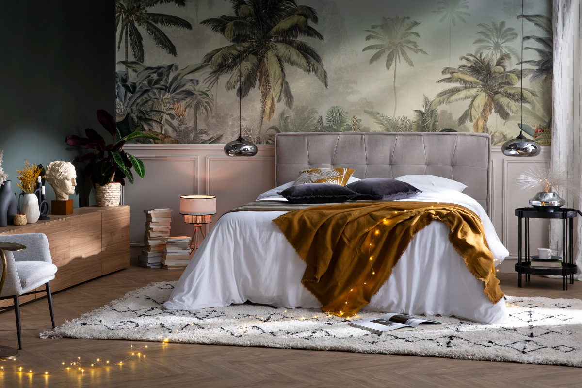 Tte de lit en tissu effet velours jaune moutarde L170 cm SUKA