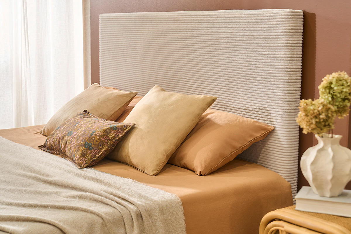 T�te de lit en tissu velours c�tel� beige L160 cm YOLANDA