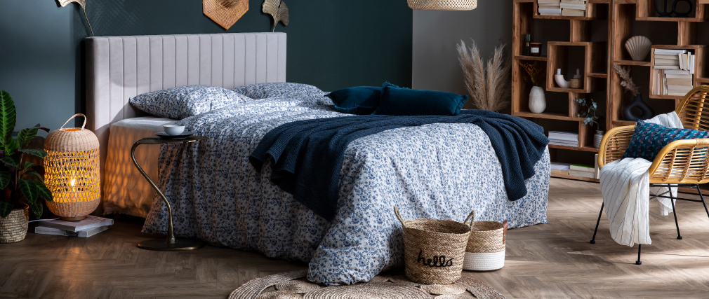 T�te de lit en velours beige gris� L170 cm NEHA