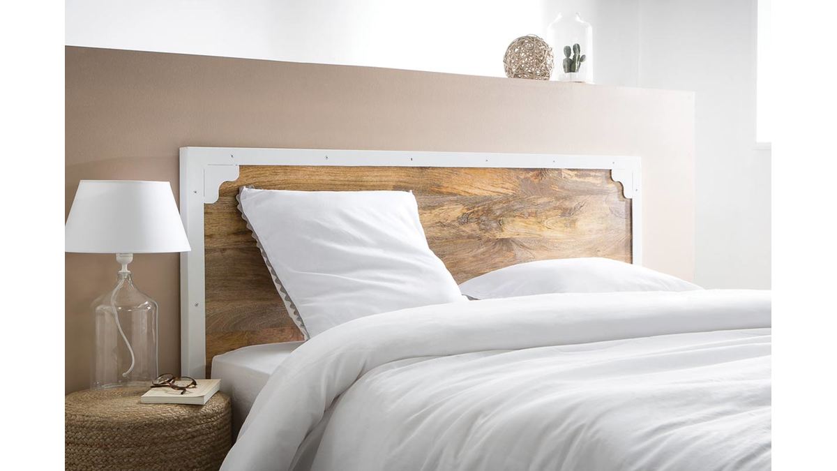 Tte de lit manguier massif et mtal blanc 165 cm PUKKA