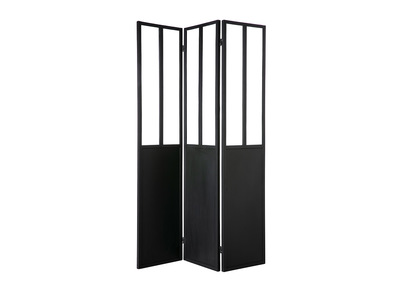 Verri&egrave;re atelier industrielle en m&eacute;tal noir et verre 3 vantaux RACK